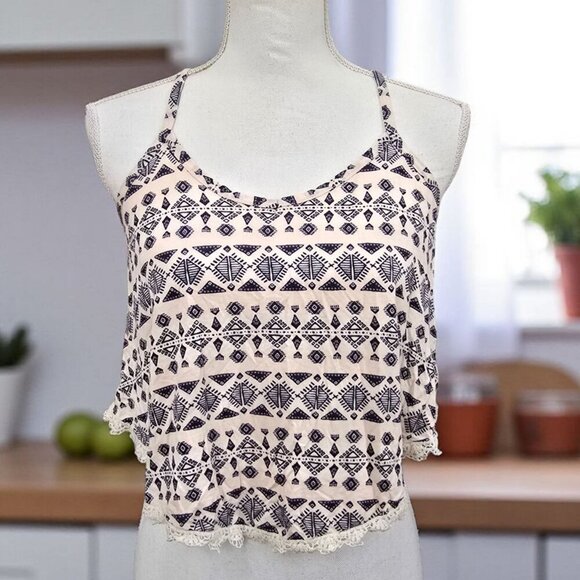 Charlotte Russe ✦ Sleeveless Boho Crop Top ✦ Navy Geometric Print & Lace Hem M - Picture 2 of 13